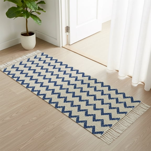 Area Rug with Tassels 2x6ft, Blue Zigzag Line Kitchen Runner Rug for Hallway Bedroom Throw Rugs, Repeating Wave on Retro Linen Soft Door Mat for Bathroom Entrance Living Room