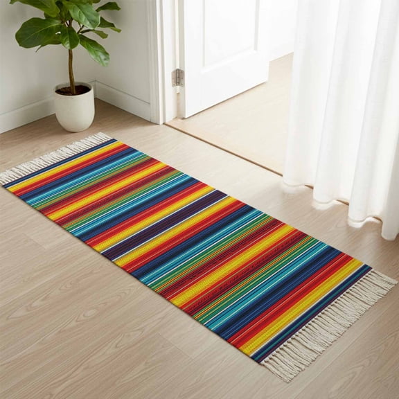 Area Rug with Tassels 2x6ft, Boho Ethnic Mexican Stripes Kitchen Runner Rug for Hallway Bedroom Throw Rugs, Native Colorful American Stripe Soft Door Mat for Bathroom Entrance Living Room