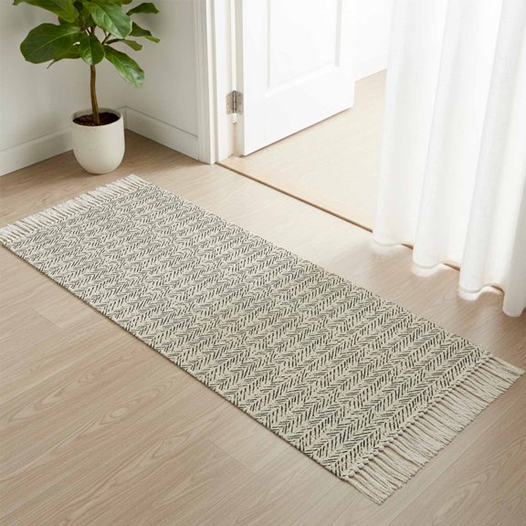 Area Rug with Tassels 2x6ft, Brown Herringbone Art Kitchen Runner Rug for Hallway Bedroom Throw Rugs, Abstract Geometric Striped on Linen Soft Door Mat for Bathroom Entrance Living Room