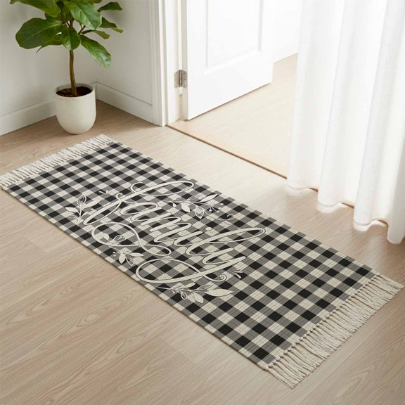 Area Rug with Tassels 2x6ft, Country Family Quote Leaf Kitchen Runner Rug for Hallway Bedroom Throw Rugs, Farmhouse Retro Checkered Soft Door Mat for Bathroom Entrance Living Room