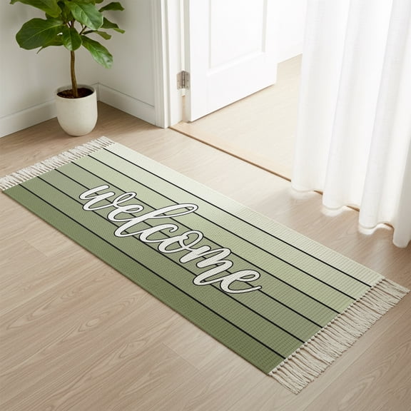 Area Rug with Tassels 2x6ft, Country Welcome Quote Wood Board Kitchen Runner Rug for Hallway Bedroom Throw Rugs, Farmhouse Sage Green Wooden Soft Door Mat for Bathroom Entrance Living Room