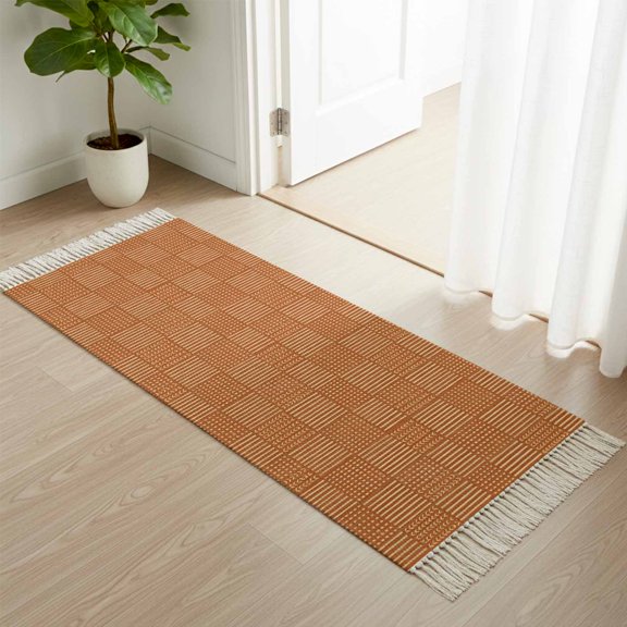 Area Rug with Tassels 2x6ft, Fall Burnt Orange Plaid Stripe Kitchen Runner Rug for Hallway Bedroom Throw Rugs, Modern Minimalist Style Soft Door Mat for Bathroom Entrance Living Room