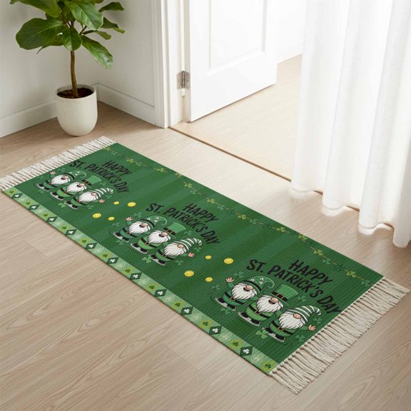 Area Rug with Tassels 2x6ft, Farmhouse Gnome Shamrock Kitchen Runner Rug for Hallway Bedroom Throw Rugs, St. Patrick's Day Green Theme Soft Door Mat for Bathroom Entrance Living Room