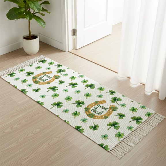 Area Rug with Tassels 2x6ft, Good Lucky Clovers Leaves Horseshoe Kitchen Runner Rug for Hallway Bedroom Throw Rugs, St Patrick's Day Shamrock Soft Door Mat for Bathroom Entrance Living Room