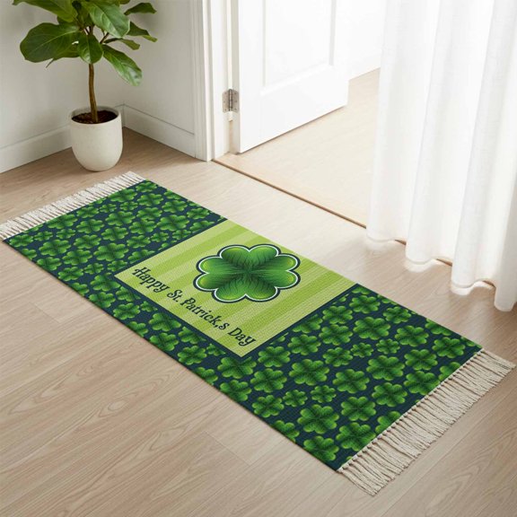 Area Rug with Tassels 2x6ft, Green Clovers St. Patrick's Day Kitchen Runner Rug for Hallway Bedroom Throw Rugs, Watercolor Shamrock Stripes Soft Door Mat for Bathroom Entrance Living Room
