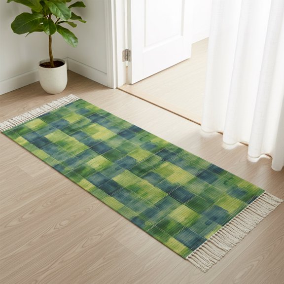 Area Rug with Tassels 2x6ft, Green Gingham Plaid Spring St. Patrick's Day Kitchen Runner Rug for Hallway Bedroom Throw Rugs, Abstract Geometric Soft Door Mat for Bathroom Entrance Living Room