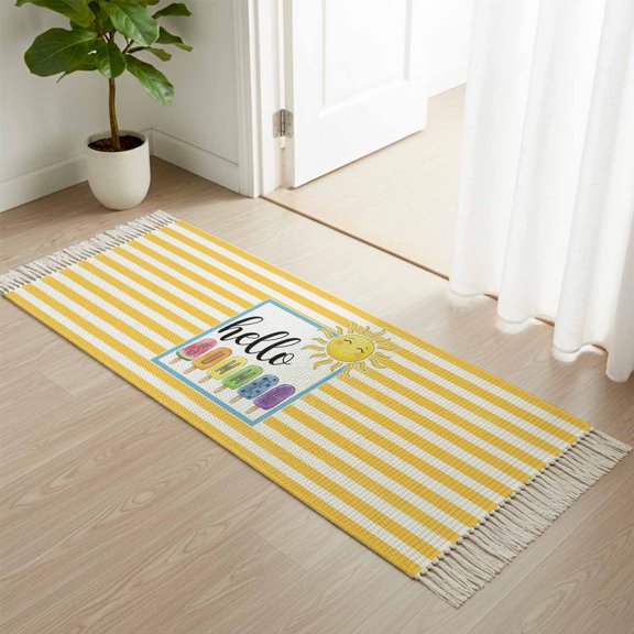Area Rug with Tassels 2x6ft, Hello Summer Sun Watermelon Purple Blue Kitchen Runner Rug for Hallway Bedroom Throw Rugs, Yellow Stripes Soft Door Mat for Bathroom Entrance Living Room