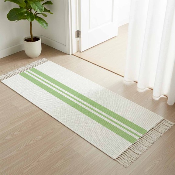 Area Rug with Tassels 2x6ft, Irish Saint Patrick's Day Kitchen Runner Rug for Hallway Bedroom Throw Rugs, Green Striped Soft Door Mat for Bathroom Entrance Living Room