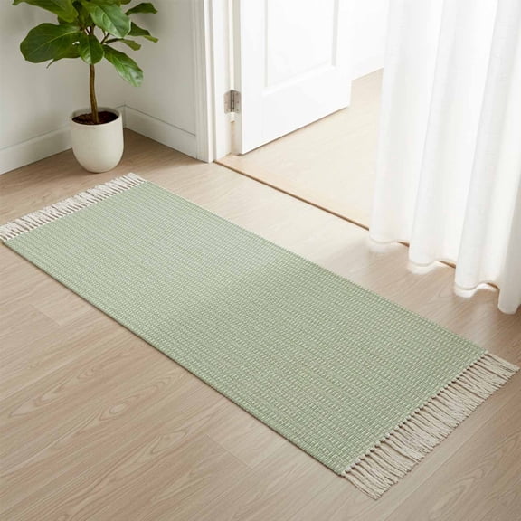 Area Rug with Tassels 2x6ft, Minimalist Sage Green Grid Kitchen Runner Rug for Hallway Bedroom Throw Rugs, Turquoise Linen Textured Soft Door Mat for Bathroom Entrance Living Room