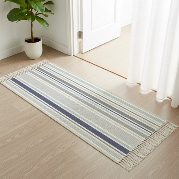 Area Rug with Tassels 2x6ft, Minimalist Stripes Gray Blue Beige Kitchen Runner Rug for Hallway Bedroom Throw Rugs, Abstract Farm Lines Art Soft Door Mat for Bathroom Entrance Living Room