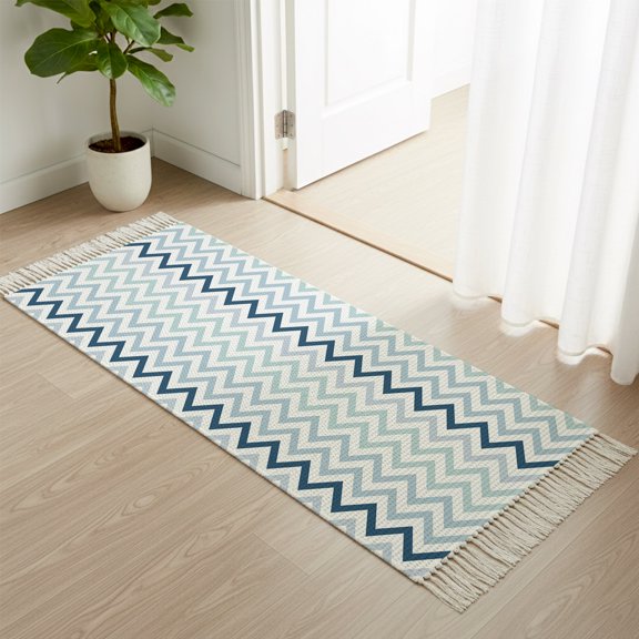 Area Rug with Tassels 2x6ft, Nautical Blue Herringbone Kitchen Runner Rug for Hallway Bedroom Throw Rugs, Abstract Geometric Wavy Lines Soft Door Mat for Bathroom Entrance Living Room