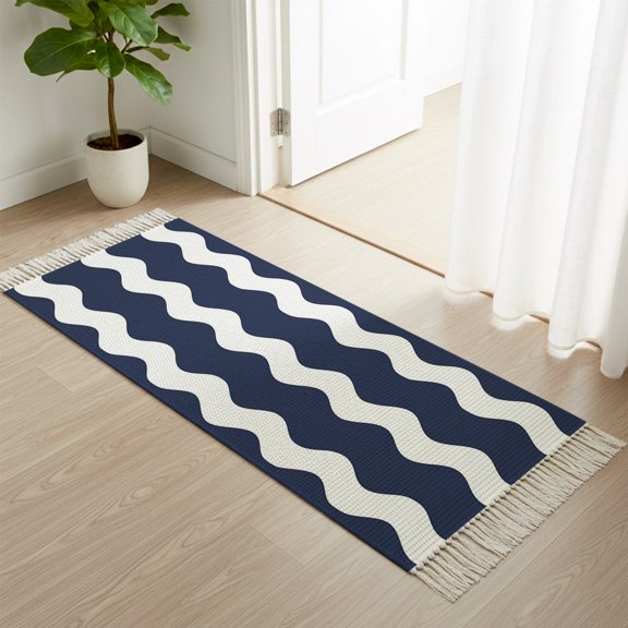 Area Rug with Tassels 2x6ft, Navy Blue White Waves Ripple Kitchen Runner Rug for Hallway Bedroom Throw Rugs, Zigzag Abstract Geometric Art Soft Door Mat for Bathroom Entrance Living Room