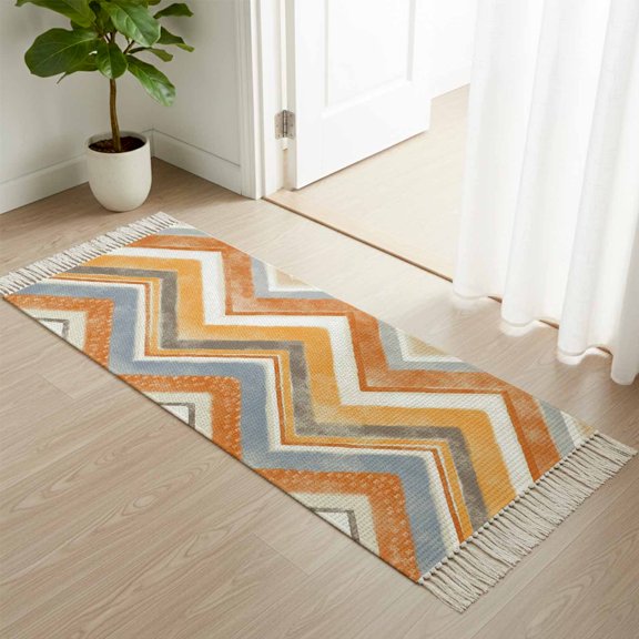 Area Rug with Tassels 2x6ft, Northern Europe Orange Zigzag Pattern Kitchen Runner Rug for Hallway Bedroom Throw Rugs, Retro Abstract Geometric Art Soft Door Mat for Bathroom Entrance Living Room