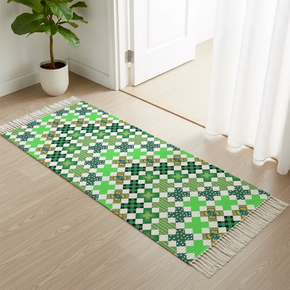 Area Rug with Tassels 2x6ft, Rainbow Shamrock Check Polka Dot Kitchen Runner Rug for Hallway Bedroom Throw Rugs, St. Patrick's Day Green Theme Soft Door Mat for Bathroom Entrance Living Room