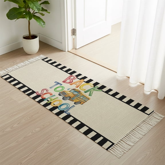 Area Rug with Tassels 2x6ft, School Bus Black Stripe Burlap Kitchen Runner Rug for Hallway Bedroom Throw Rugs, Back to School Colorful Word Soft Door Mat for Bathroom Entrance Living Room