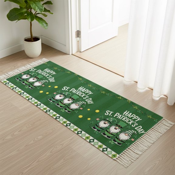 Area Rug with Tassels 2x6ft, St. Patrick's Day Gnome Kitchen Runner Rug for Hallway Bedroom Throw Rugs, Rustic Dwarf Green Shamrock Soft Door Mat for Bathroom Entrance Living Room