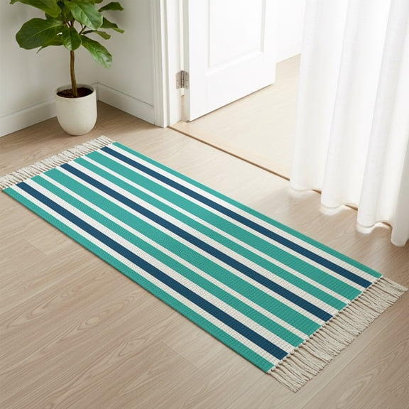 Area Rug with Tassels 2x6ft, Teal White Blue Stripes Kitchen Runner Rug for Hallway Bedroom Throw Rugs, Nautical Army Style Soft Door Mat for Bathroom Entrance Living Room