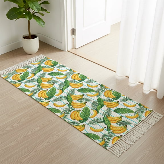 Area Rug with Tassels 2x6ft, Tropical Leaves Fruit Bananas Kitchen Runner Rug for Hallway Bedroom Throw Rugs, Green Striped Background Soft Door Mat for Bathroom Entrance Living Room