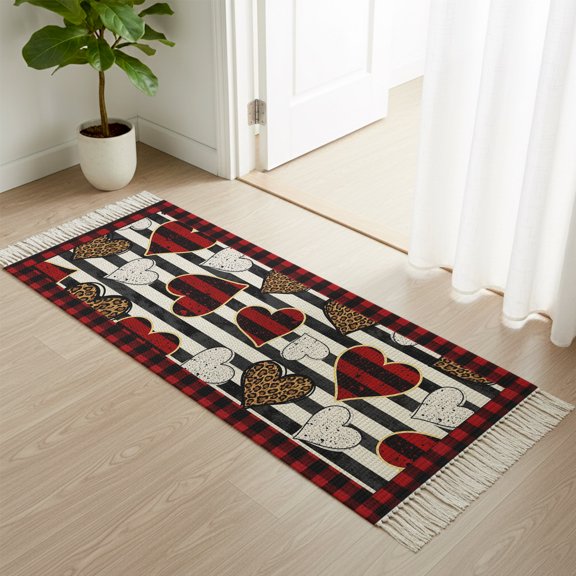 Area Rug with Tassels 2x6ft, Valentines Buffalo Plaid Red Border Kitchen Runner Rug for Hallway Bedroom Throw Rugs, Leopard Print Check Love Heart Soft Door Mat for Bathroom Entrance Living Room