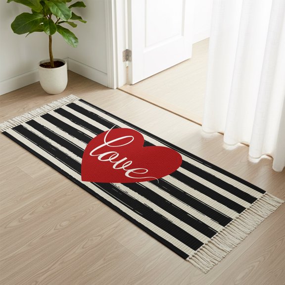 Area Rug with Tassels 2x6ft, Valentines Quote on Red Love Heart Kitchen Runner Rug for Hallway Bedroom Throw Rugs, Black and White Line Stripe Soft Door Mat for Bathroom Entrance Living Room