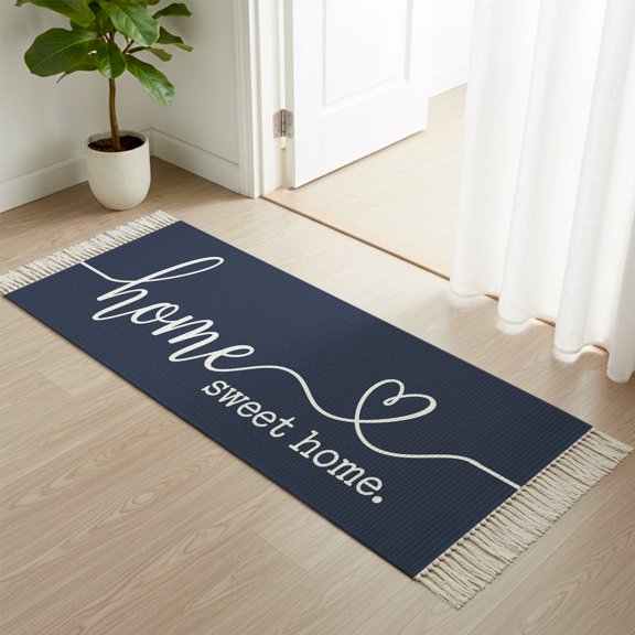 Area Rug with Tassels 2x6ft, White Sweet Home Quote Heart Kitchen Runner Rug for Hallway Bedroom Throw Rugs, Rustic Letter on Navy Blue Soft Door Mat for Bathroom Entrance Living Room