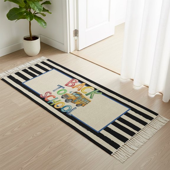 Area Rug with Tassels 2x6ft, Yellow School Bus Black Stripe Linen Kitchen Runner Rug for Hallway Bedroom Throw Rugs, Back to School Soft Door Mat for Bathroom Entrance Living Room