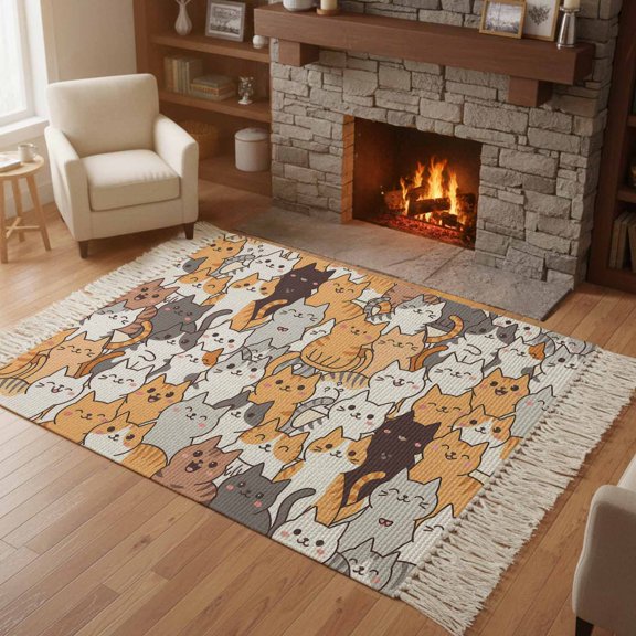 Area Rug with Tassels 3' x 5', Cartoon Cute Kitty Kitchen Runner Rug for Hallway Bedroom Throw Rugs, Modern Funny Pet Cat Soft Door Mat for Bathroom Entrance Living Room