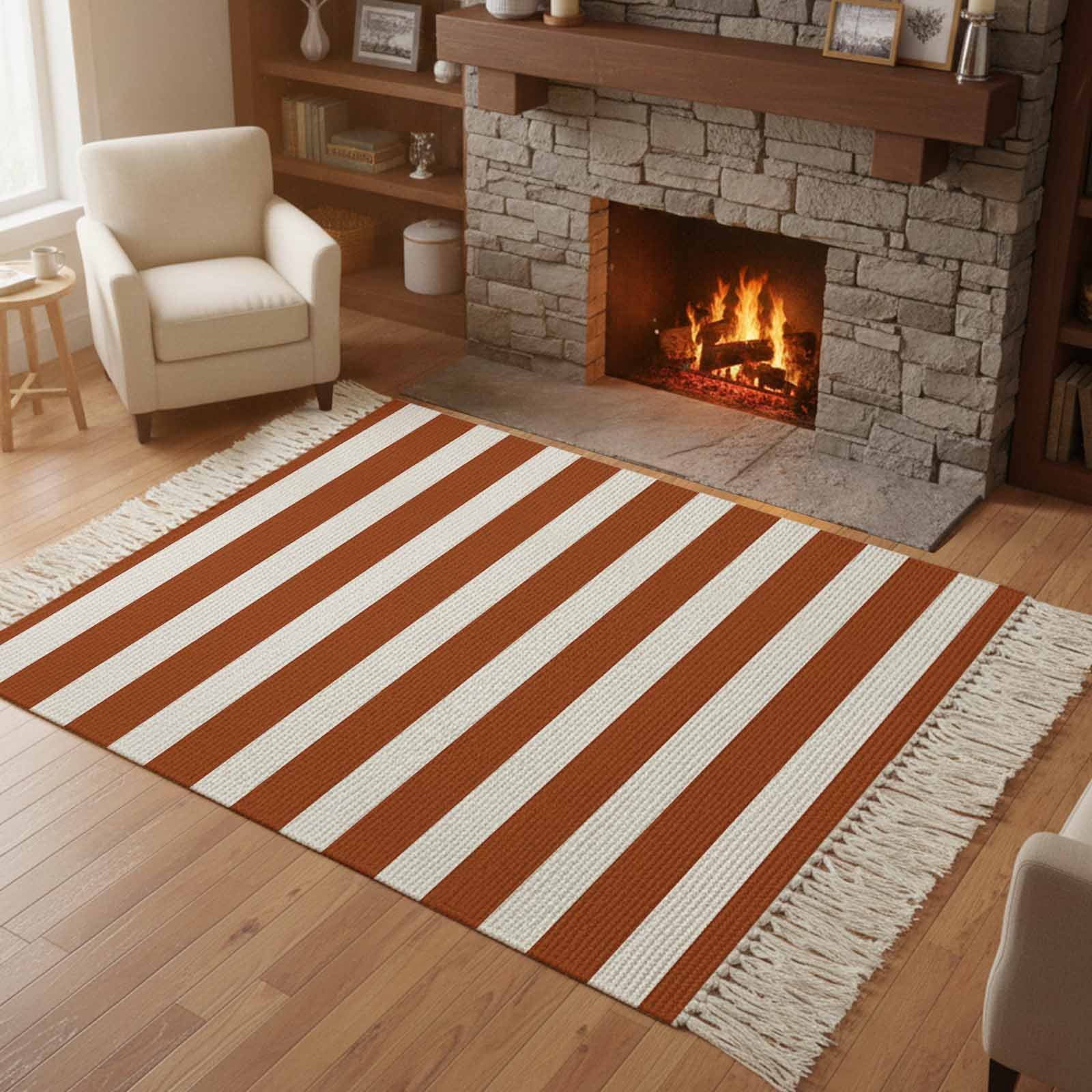 Area Rug with Tassels 3' x 5', Classic Burnt Orange Stripe Kitchen ...