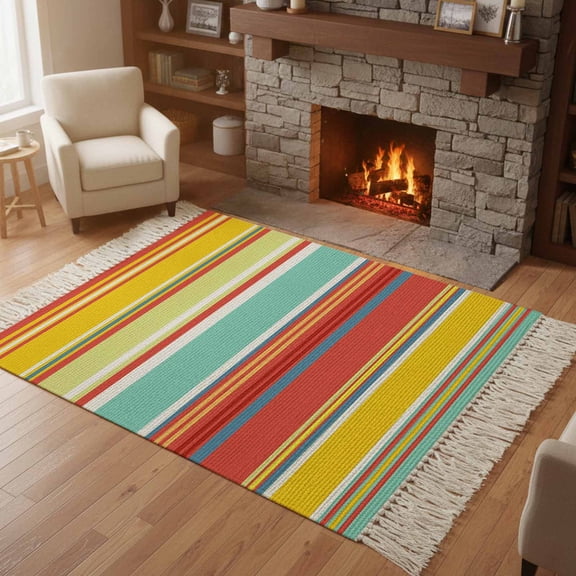 Area Rug with Tassels 3' x 5', Colorful Geometric Stripes Kitchen Runner Rug for Hallway Bedroom Throw Rugs, Red Blue Yellow Lines Soft Door Mat for Bathroom Entrance Living Room