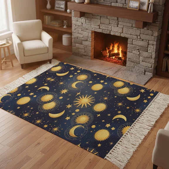 Area Rug with Tassels 3' x 5', Fantasy Galaxy Moon Sun Kitchen Runner Rug for Hallway Bedroom Throw Rugs, Cartoon Starry Night Soft Door Mat for Bathroom Entrance Living Room