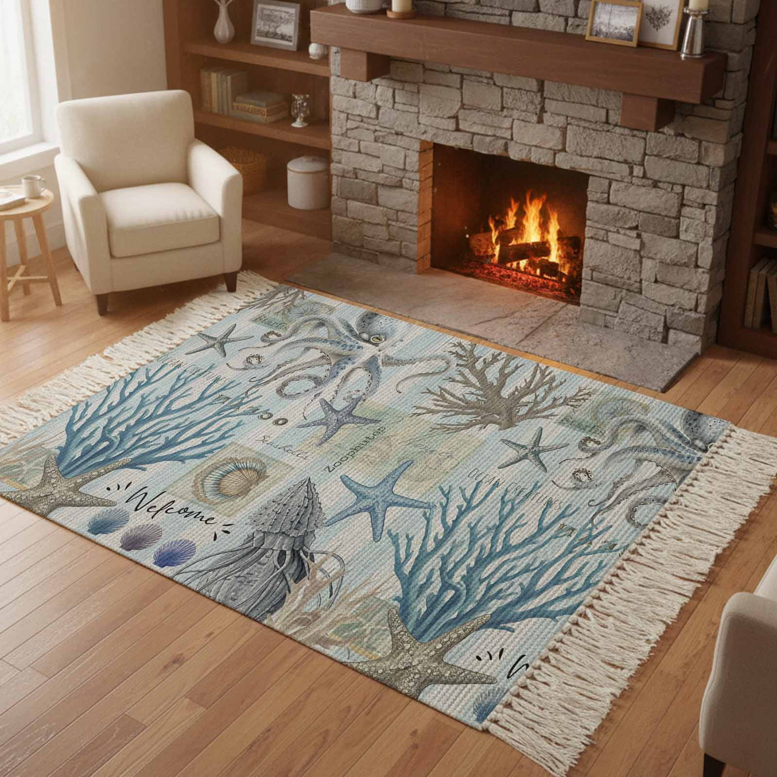 Area Rug with Tassels 3' x 5', Marine Octopus Starfish Coral Shell ...
