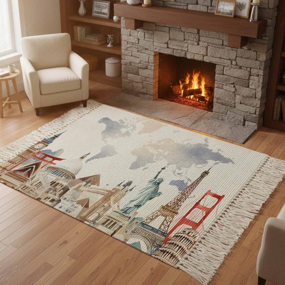 Area Rug with Tassels 3' x 5', Retro Maps of The World Tourism Kitchen Runner Rug for Hallway Bedroom Throw Rugs, Abstract Graffiti Texture Soft Door Mat for Bathroom Entrance Living Room