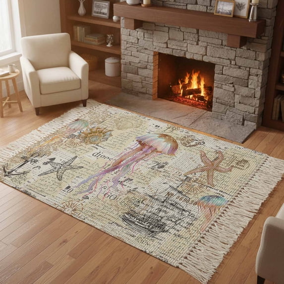 Area Rug with Tassels 3' x 5', Watercolor Marine Octopus Starfish Kitchen Runner Rug for Hallway Bedroom Throw Rugs, Sailboat Shell on Retro Newspaper Soft Door Mat for Bathroom Entrance Living Room