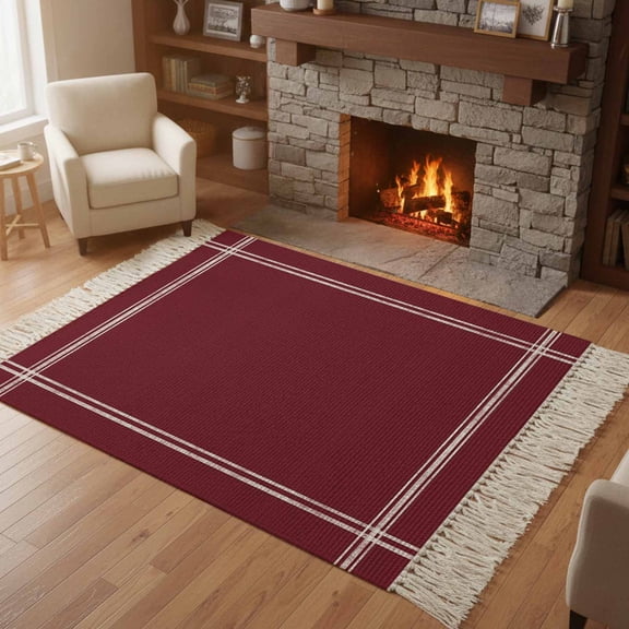 Area Rug with Tassels 3' x 5', Wine Red Dark Maroon Kitchen Runner Rug for Hallway Bedroom Throw Rugs, Burgundy Red Soft Door Mat for Bathroom Entrance Living Room