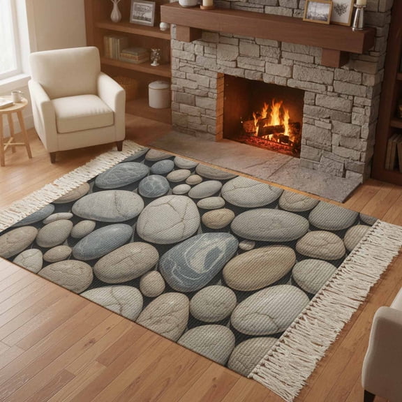 Area Rug with Tassels 4' x 6', Abstract Natural Grey Cobblestone Kitchen Runner Rug for Hallway Bedroom Throw Rugs, Modern Grey Pebble Stone Soft Door Mat for Bathroom Entrance Living Room