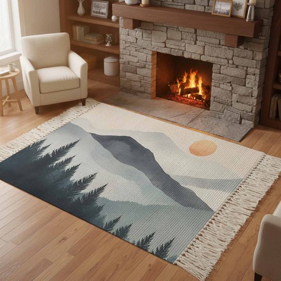 Area Rug with Tassels 4' x 6', Boho Sun Mountains Forest Shadow Kitchen Runner Rug for Hallway Bedroom Throw Rugs, Abstract Geometric Soft Door Mat for Bathroom Entrance Living Room