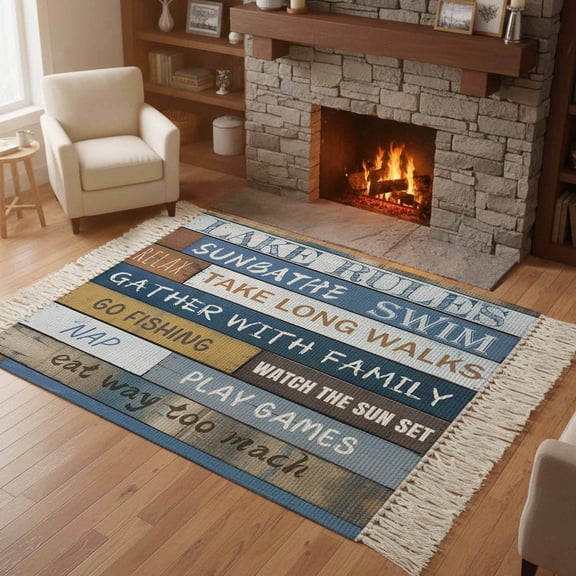 Area Rug with Tassels 4' x 6', Lake Rules Farm Blue Wood Board Kitchen Runner Rug for Hallway Bedroom Throw Rugs, Quote Wooden Grain Soft Door Mat for Bathroom Entrance Living Room