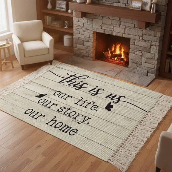 Area Rug with Tassels 4' x 6', Spring Farm Animals with Quotes Kitchen Runner Rug for Hallway Bedroom Throw Rugs, Chic Wooden Board Soft Door Mat for Bathroom Entrance Living Room