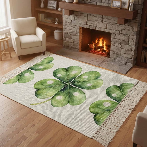 Area Rug with Tassels 4' x 6', St Patrick's Day Clovers Lucky Leaf Kitchen Runner Rug for Hallway Bedroom Throw Rugs, Green Irish Shamrock Soft Door Mat for Bathroom Entrance Living Room