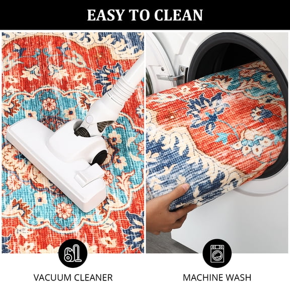 Area Rug - Ultra Thin Low Pile Rug, Pet Friendly, Stain Resistant, Anti-Slip & Non-Shedding, Machine Washable, Vintage Floral Print Carpet for Living Room. Bedroom