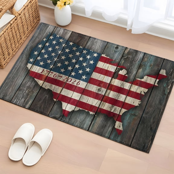 Area Rug Vintage American Flag Map Soft Rectangle Area Rugs Washable Rug for Living Room Bedroom Dining Room, 4th of July Retro Wood Board Non-slip Floor Carpet 2x3ft