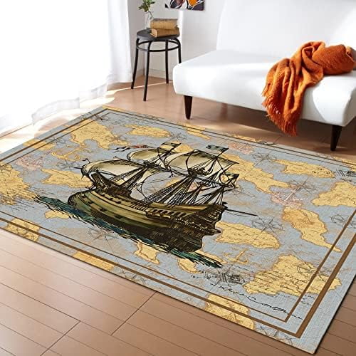 Area Rug Vintage Nautical Map Anchor Gray Wood Grain Soft NonShedding Carpet Floor Mats Rubber