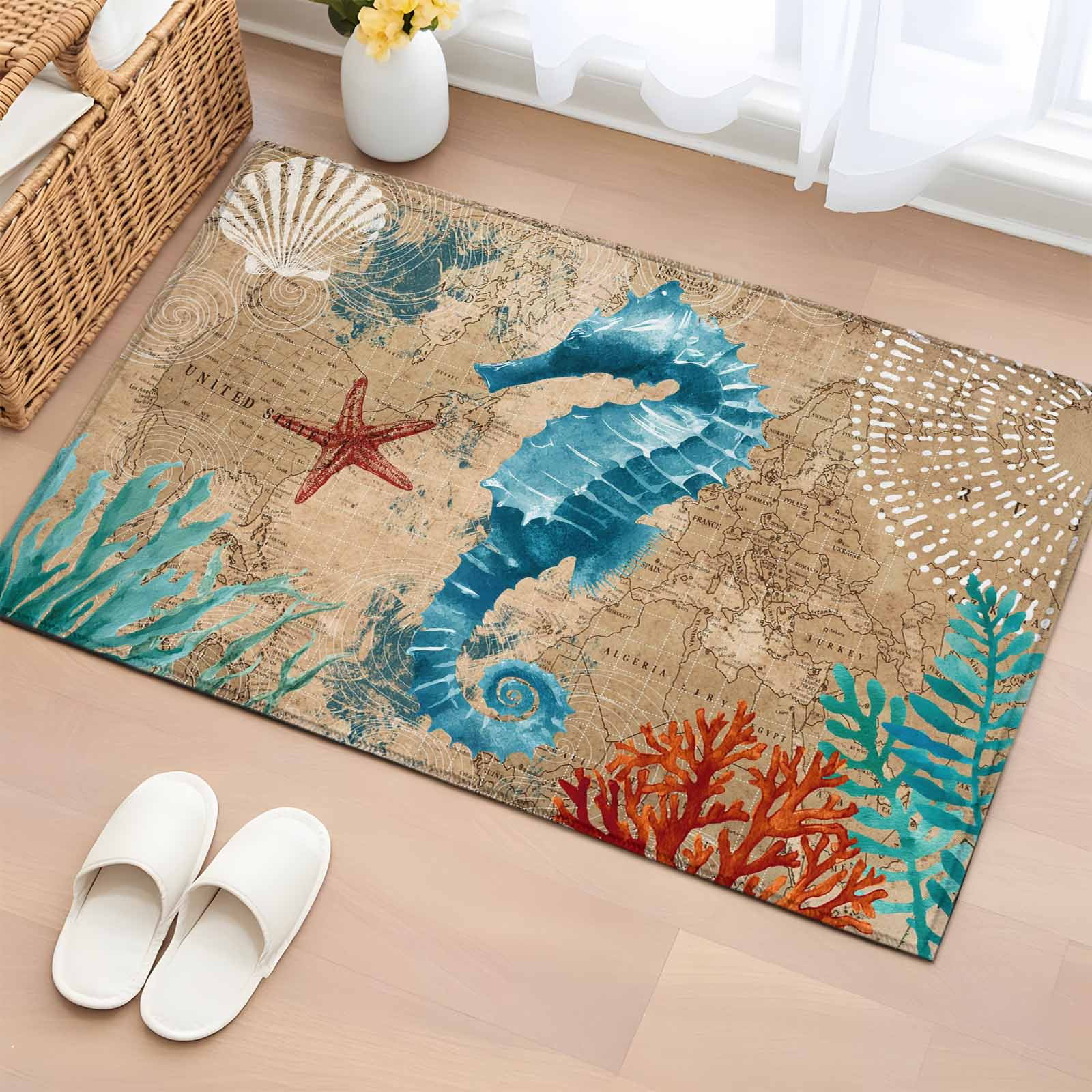 Area Rug Vintage Nautical Ocean Life Seahorse Starfish Rectangle Area ...