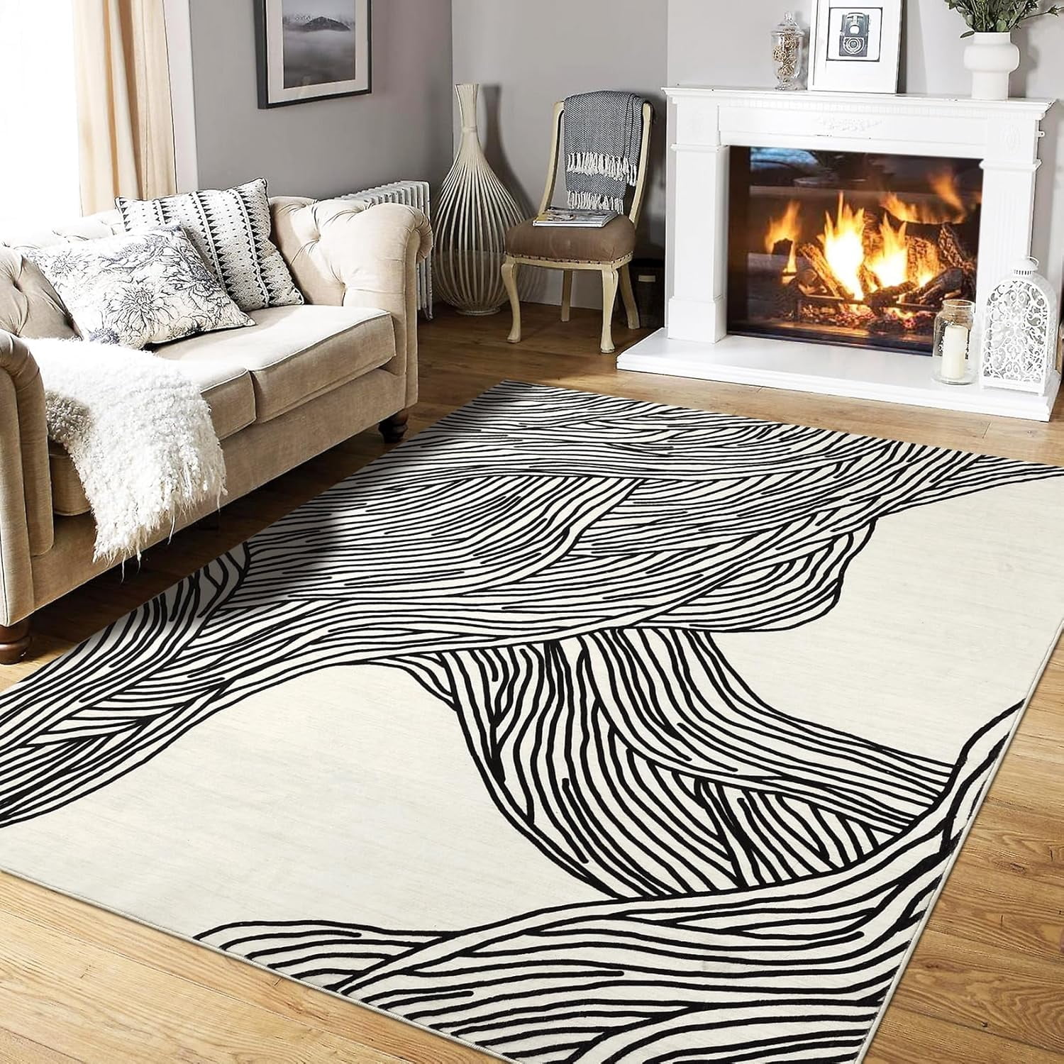 Area Rug Washable 6' x 9' Modern Abstract Rug with Non Slip TPR Backing, Soft Neutral Low Pile Non Shedding Carpet, Foldable Floor Covering for Living Room Bedroom