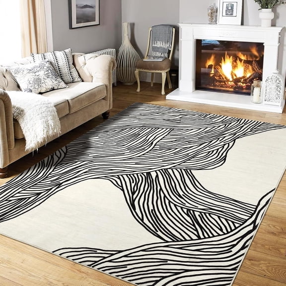 Area Rug Washable 6' x 9' Modern Abstract Rug with Non Slip TPR Backing, Soft Neutral Low Pile Non Shedding Carpet, Foldable Floor Covering for Living Room Bedroom