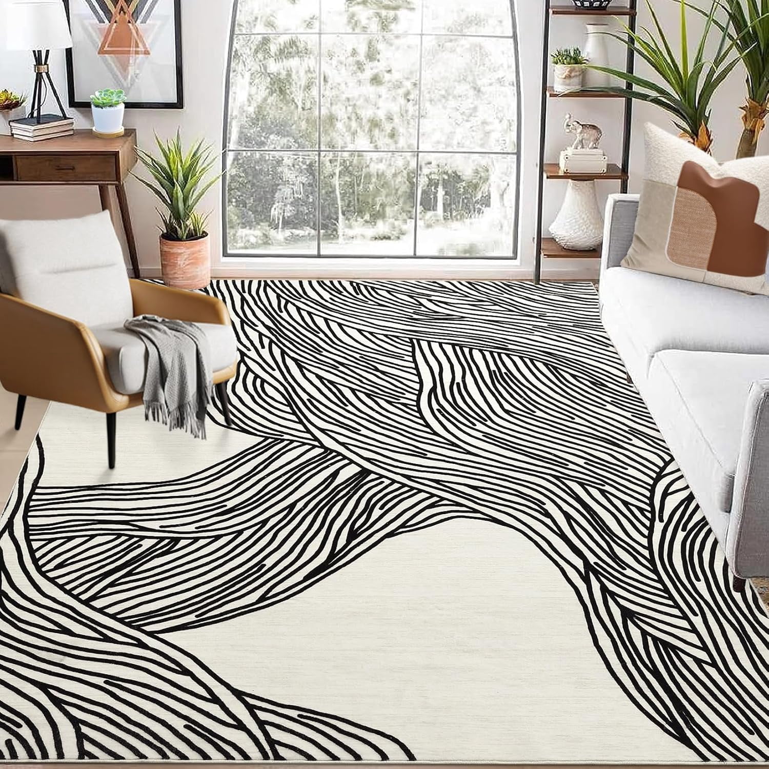 9' x 12' Washable Modern Abstract Area Rug, Non-Slip TPR Backing, Soft Neutral Low Pile Carpet