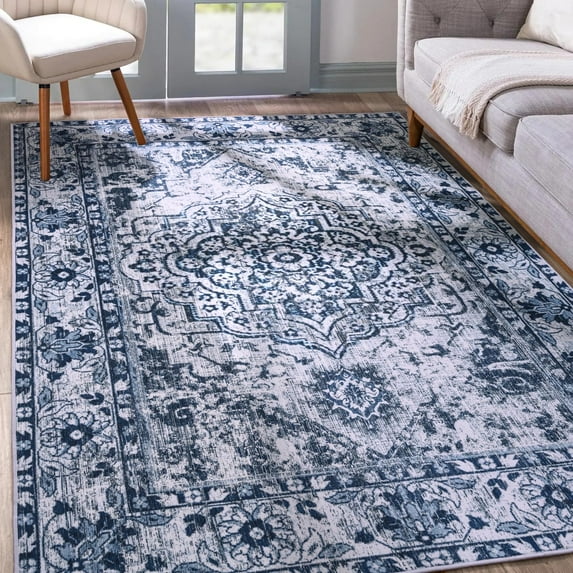Area Rug, Washable Bedroom Rug, Soft Accent Rugs For Living Room Dining Room, Non-Slip Non-Shedding Low-Pile Entryway Rug Floor Carpet - Blue