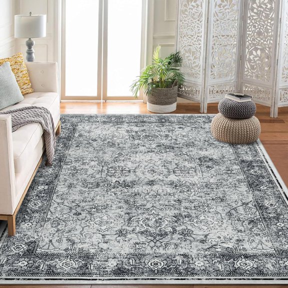 Area Rug Washable Rug Gray Vintage Rug Traditional Mat Distressed Indoor Foldable Thin Rug Retro Accent Rug Floral Print Rug Non Slip Carpet Gray tone 8*10ft