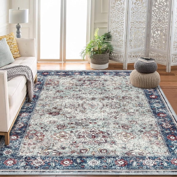 Area Rug Washable Rug Gray Vintage Rug Traditional Mat Distressed Indoor Foldable Thin Rug Retro Accent Rug Floral Print Rug Non Slip CarpetColor tone 8*10ft