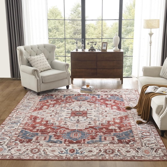 Area Rug Washable Rug Low-Pile Machine Washable Vintage Rugs For Living Room, Non-Slip Backing Non-Shedding Indoor Floor Rugs Carpet For Bedroom Kitchen Laundry Home Office, Garnet